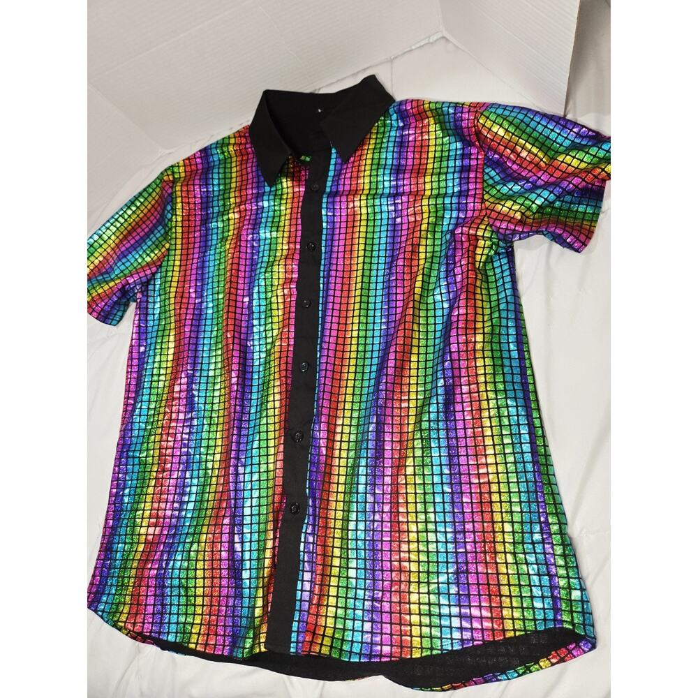 Retro Men's 70s Disco L Shirt Metallic Sequin Short Sleeve Rainbow